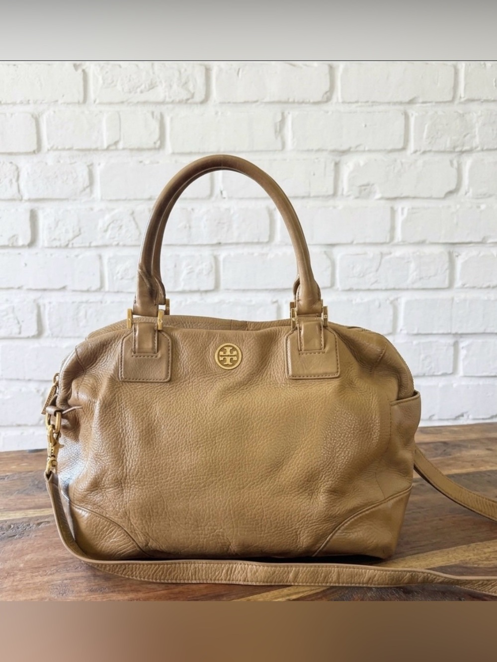 Tory Burch Camel Tan Leather Shoulder Bag with Gold Logo